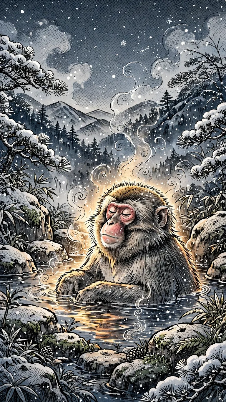 Snow monkey relaxing in a steaming hot spring, manga wallpaper