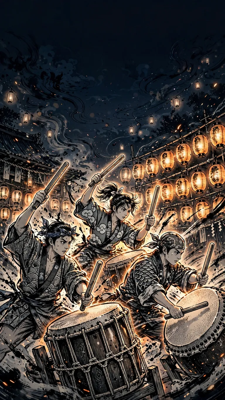 Taiko drummers performing at a night festival, manga wallpaper