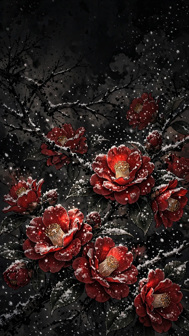 Red camellia blossoms in snowfall, ink manga wallpaper