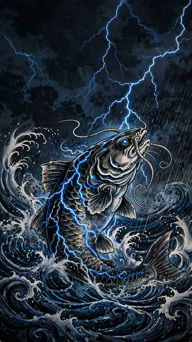 Mythic catfish rising from river under lightning, ink manga wallpaper