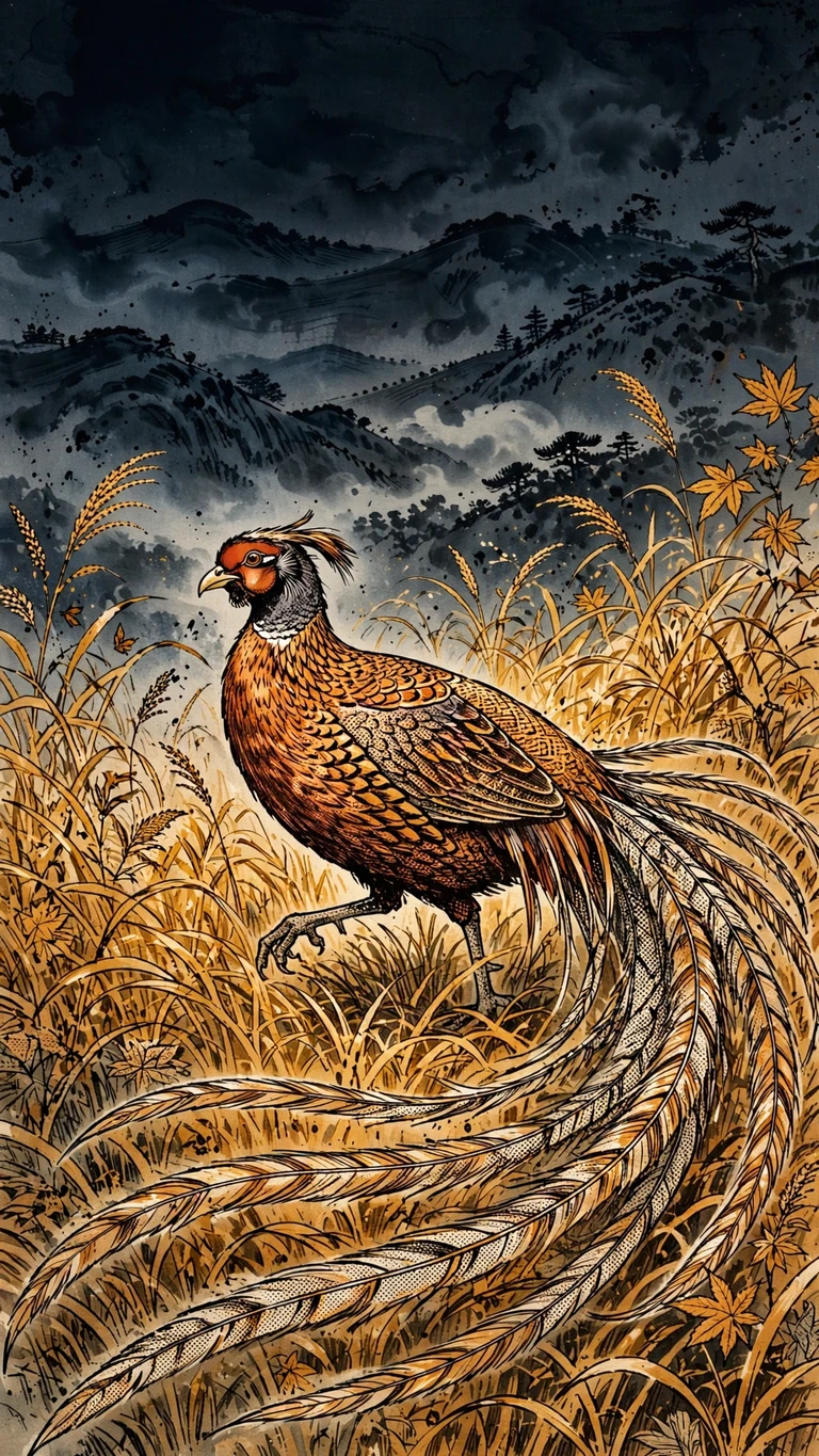 Copper pheasant in golden autumn grass, ink manga wallpaper