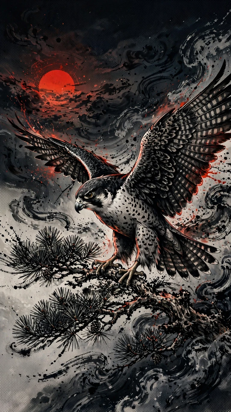 Ink falcon landing on pine branch at dawn, manga wallpaper