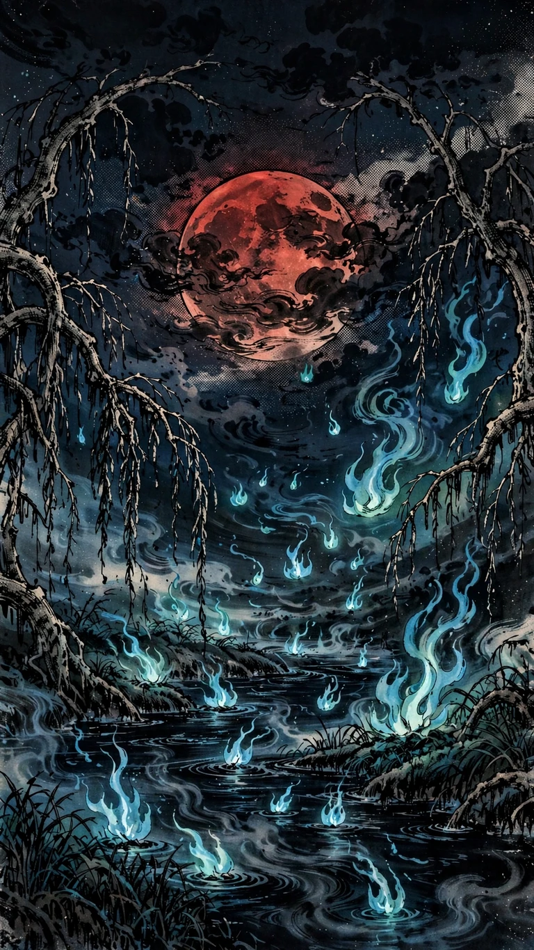 Blue foxfire will-o'-wisps drifting over a dark midnight river under a blood-red moon, ink manga 9:16 wallpaper
