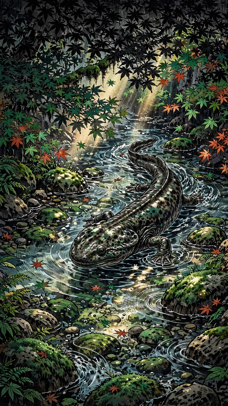 Giant salamander in mountain stream, ink manga wallpaper