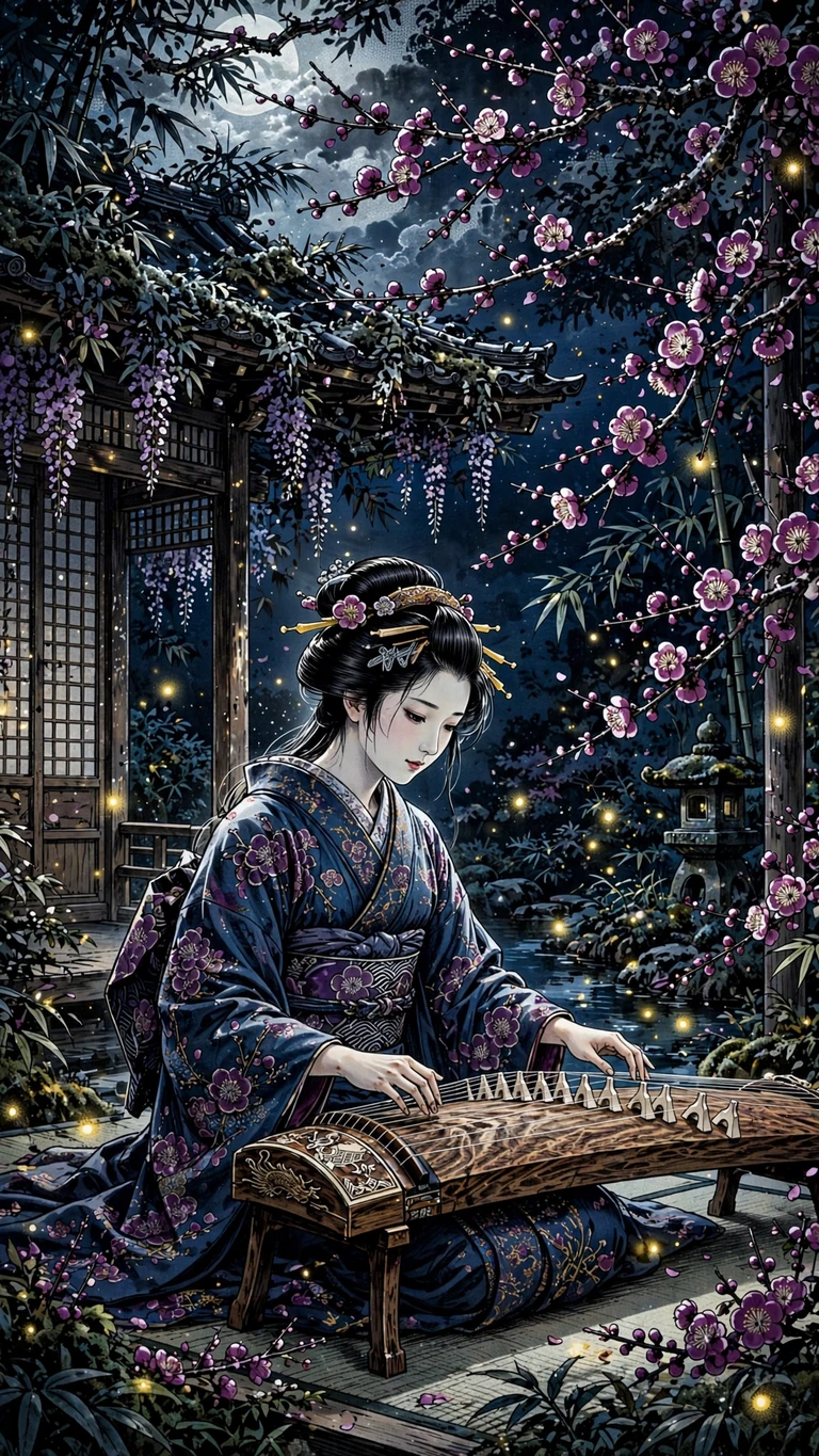 Woman playing koto in moonlit garden, ink manga wallpaper