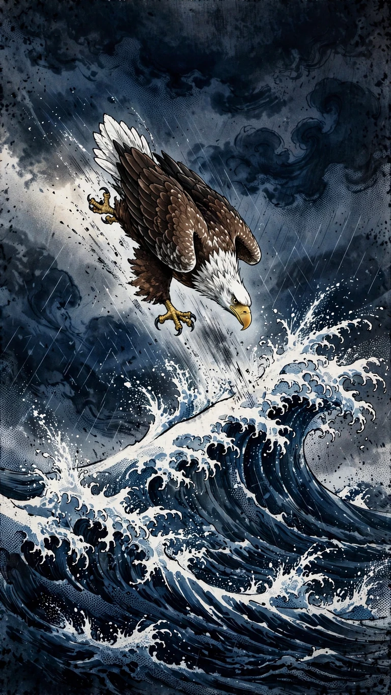 Sea eagle diving toward a storm wave, ink manga wallpaper