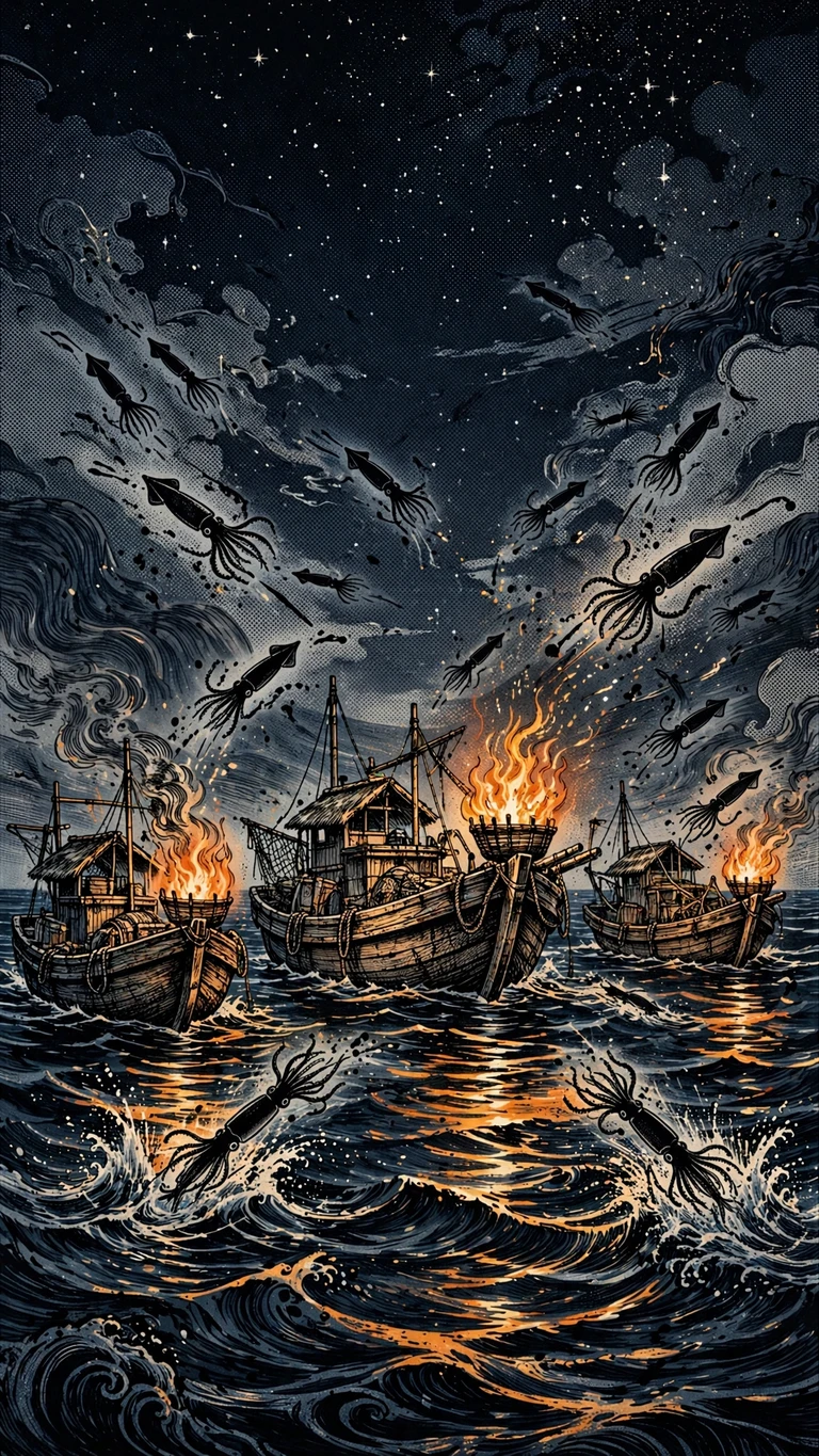 Squid-fishing boats with fire baskets at night, ink manga wallpaper