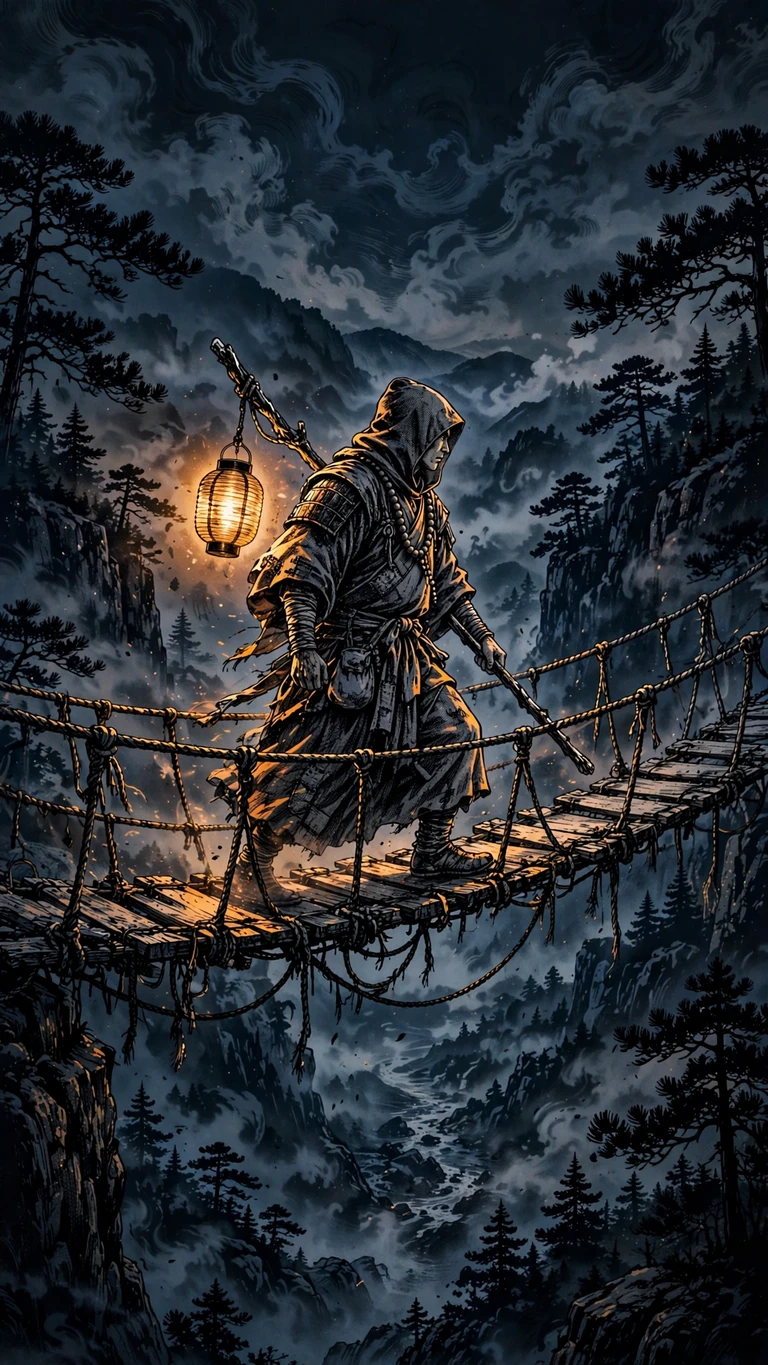 Warrior monk crossing rope bridge over misty gorge, ink manga wallpaper