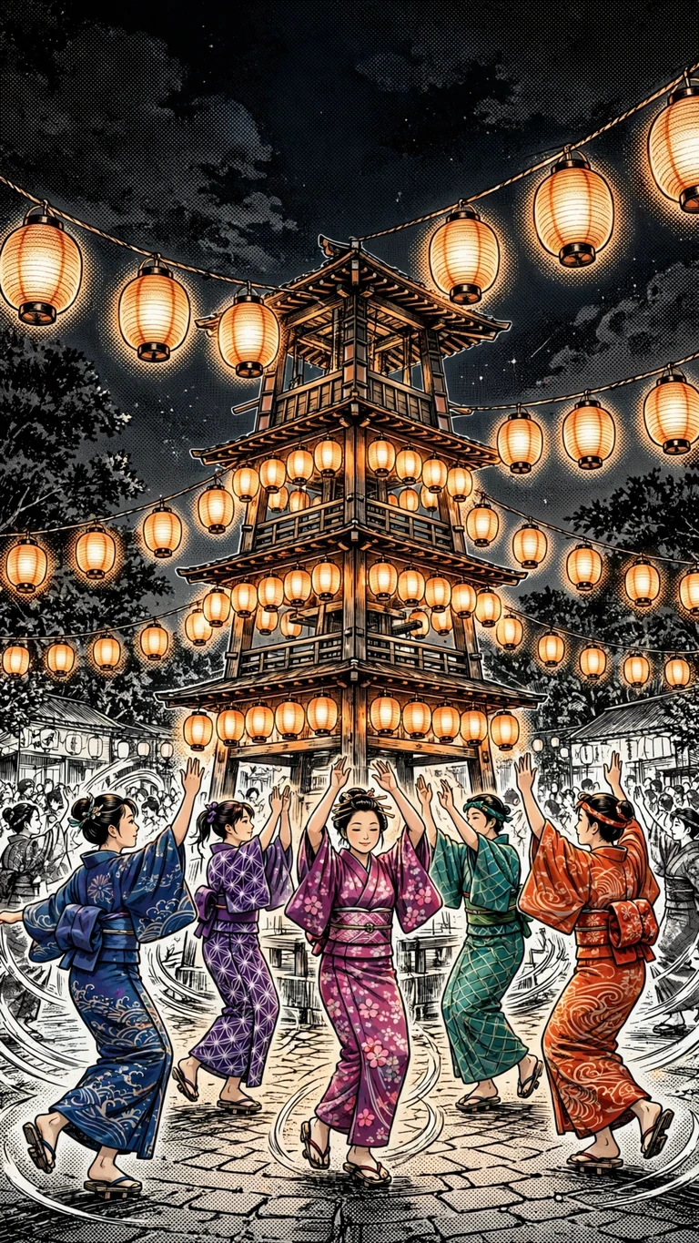 Bon odori dancers circling a lantern tower at night, festive manga wallpaper