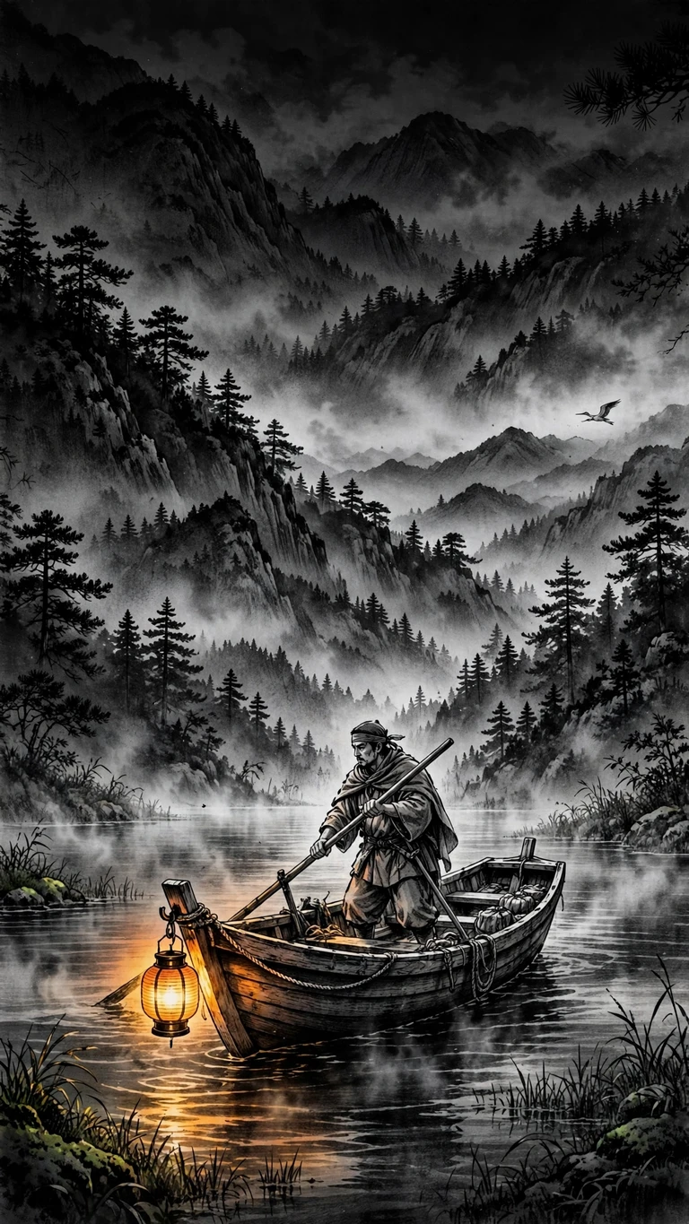 Lone ferryman poling a lantern boat across a misty mountain lake at dawn, monochrome wallpaper