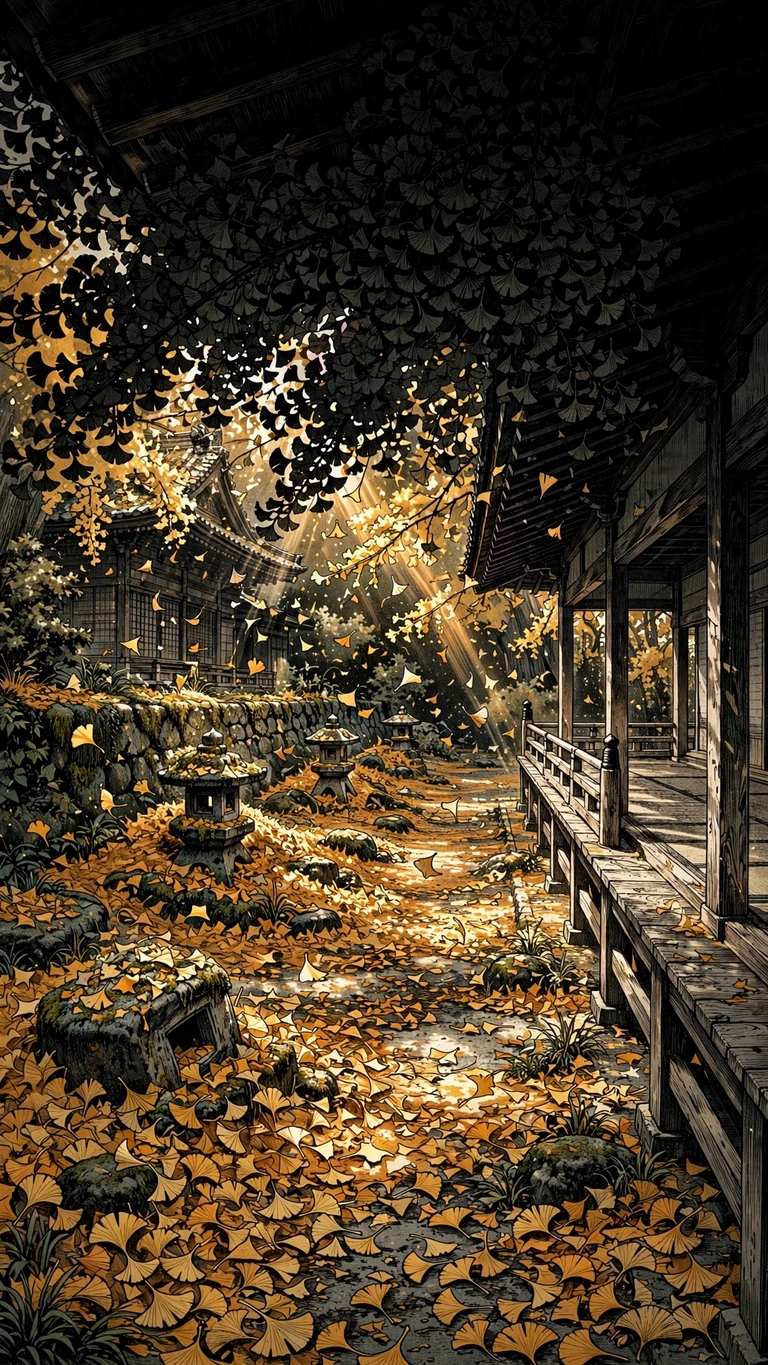 Temple courtyard with golden ginkgo leaves and stone lanterns, serene autumn wallpaper