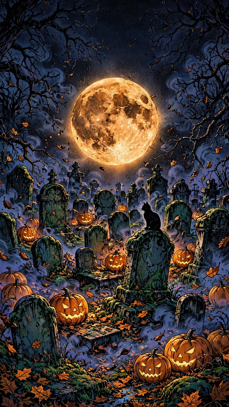Halloween pumpkins glowing in a foggy graveyard under a full moon, spooky wallpaper