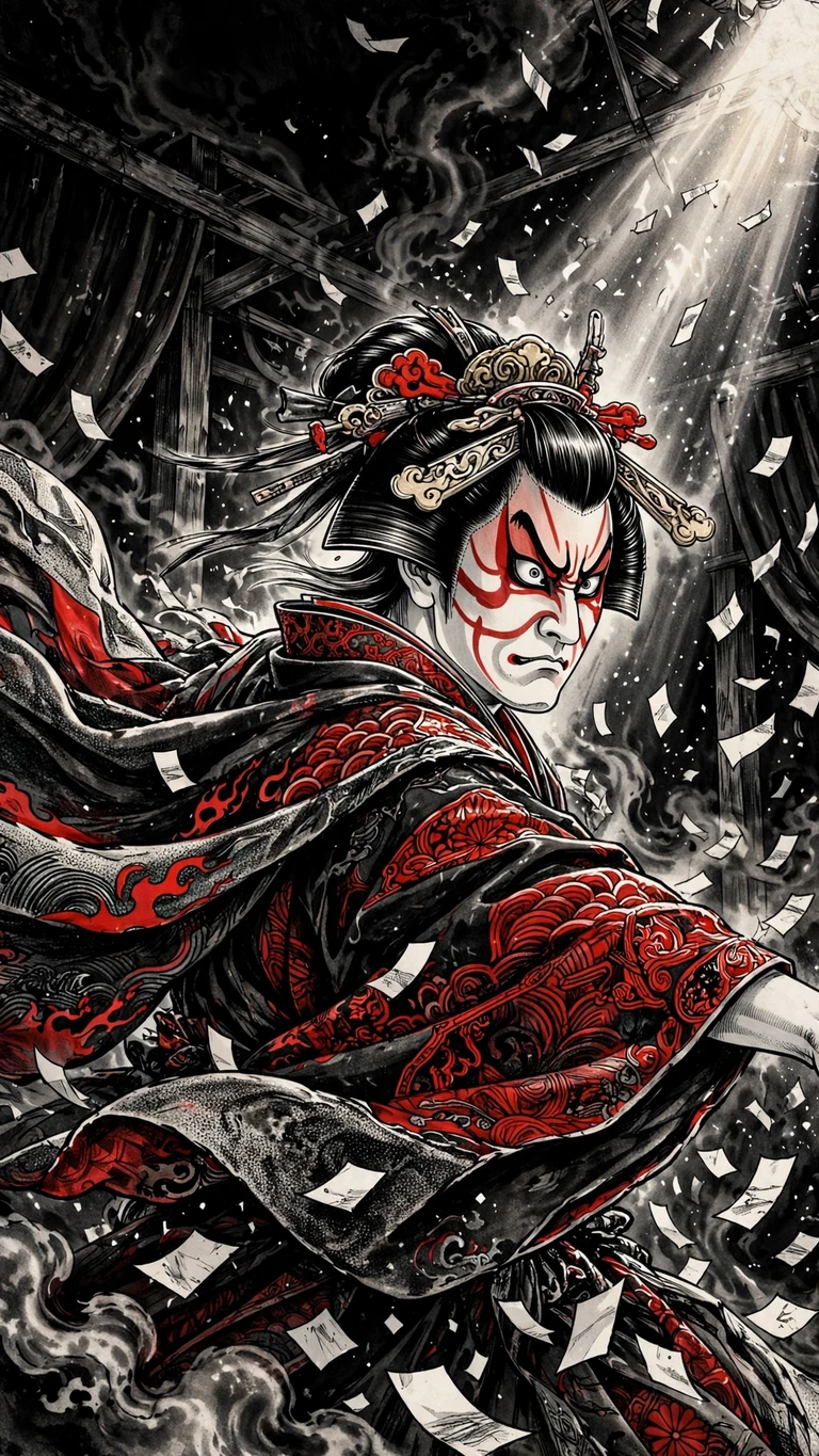 Kabuki actor in fierce mie pose with red kumadori makeup, dramatic manga wallpaper