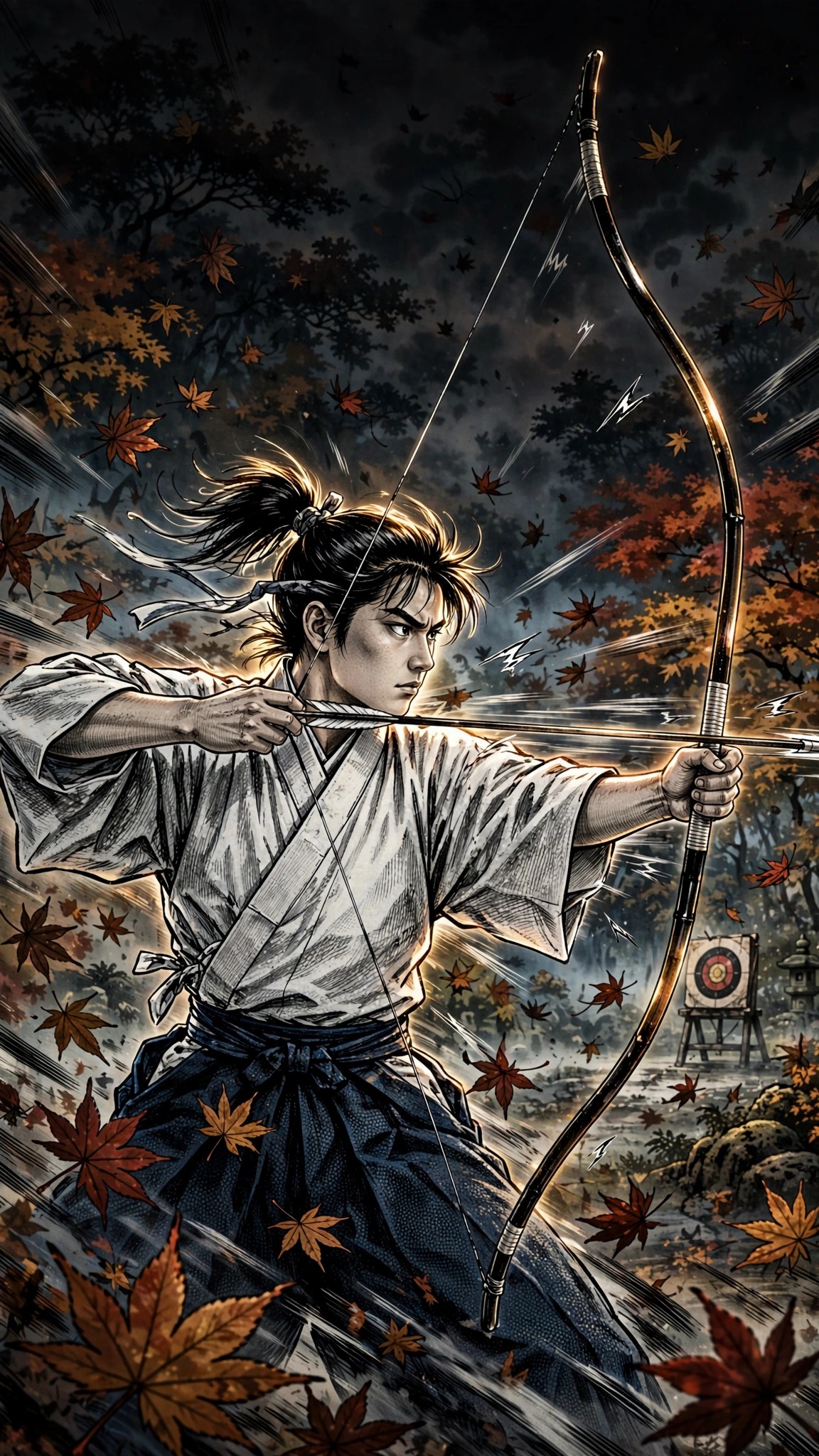 Kyudo archer drawing a long yumi bow to full draw among falling maple leaves, manga wallpaper