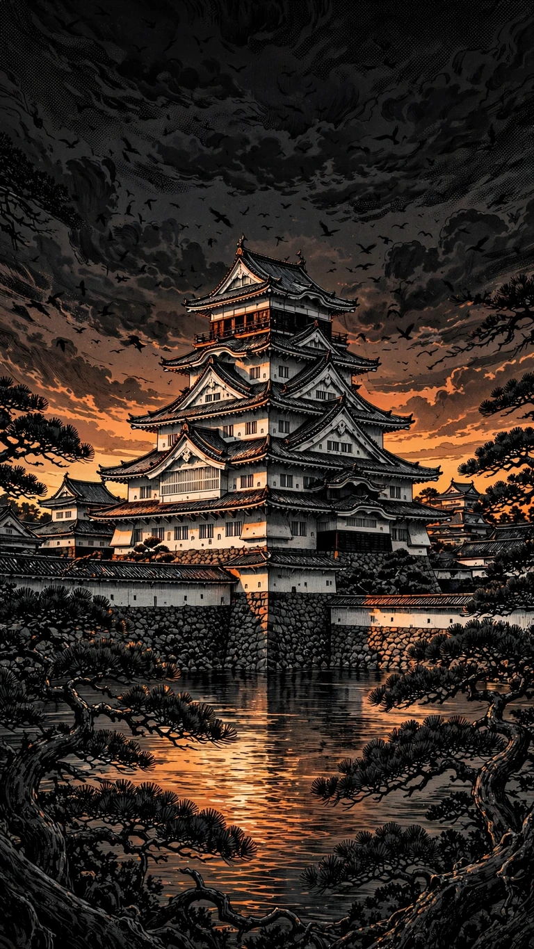 Shogun castle at dusk with crows circling dark clouds, moody manga wallpaper