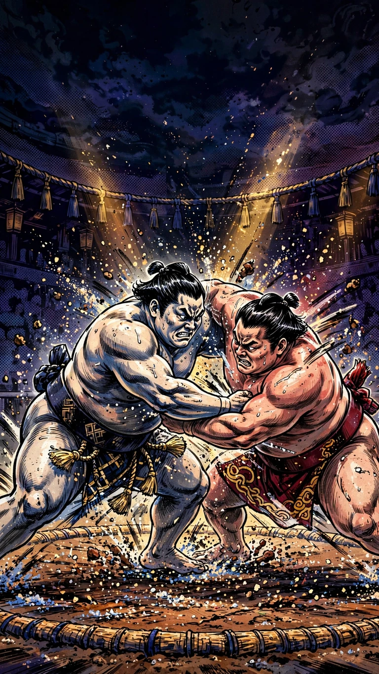 Two sumo wrestlers mid-throw clash in a dohyo ring, ink manga style vertical wallpaper
