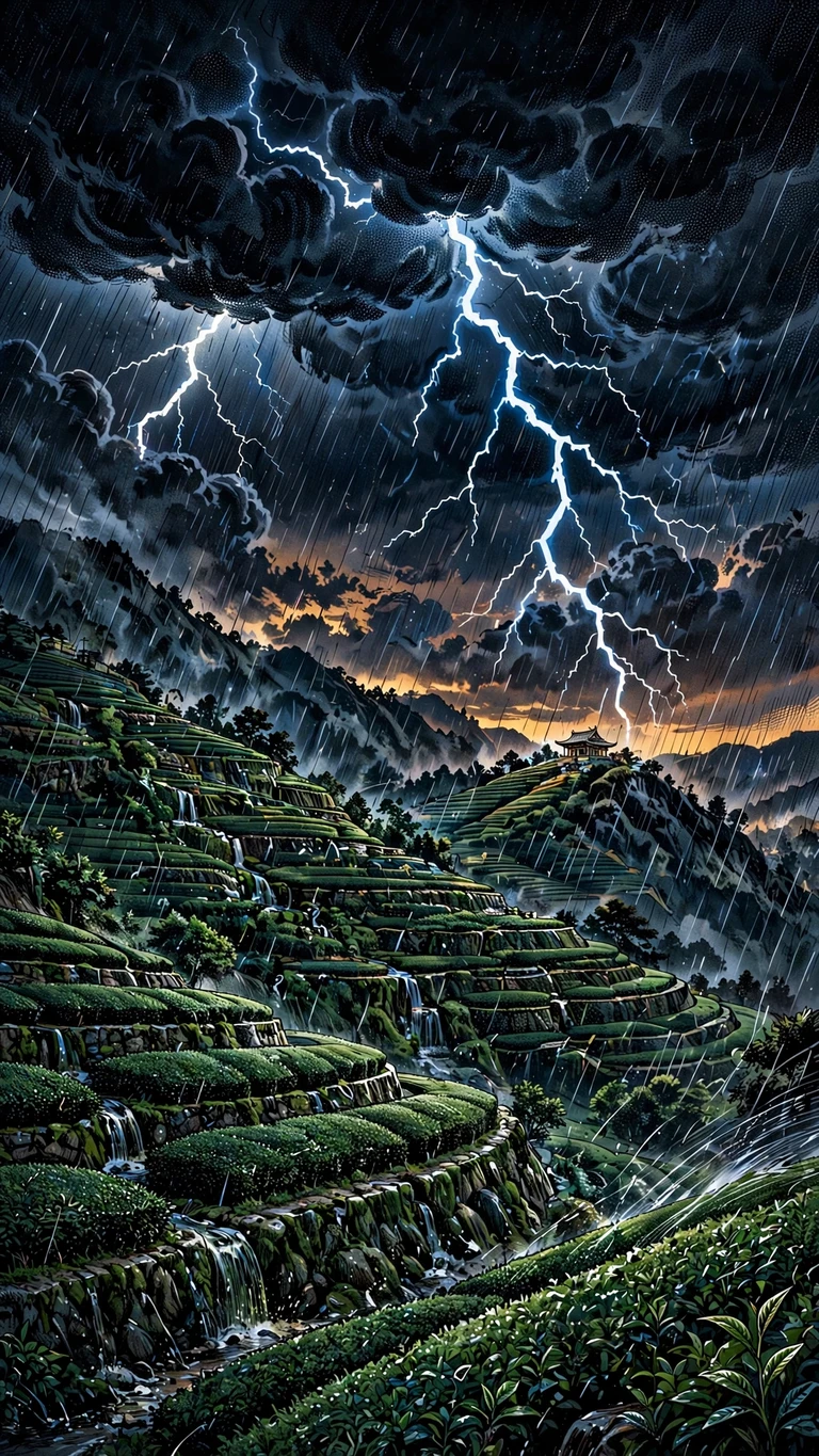 Thunderstorm with lightning over terraced tea fields at dusk, dramatic manga wallpaper