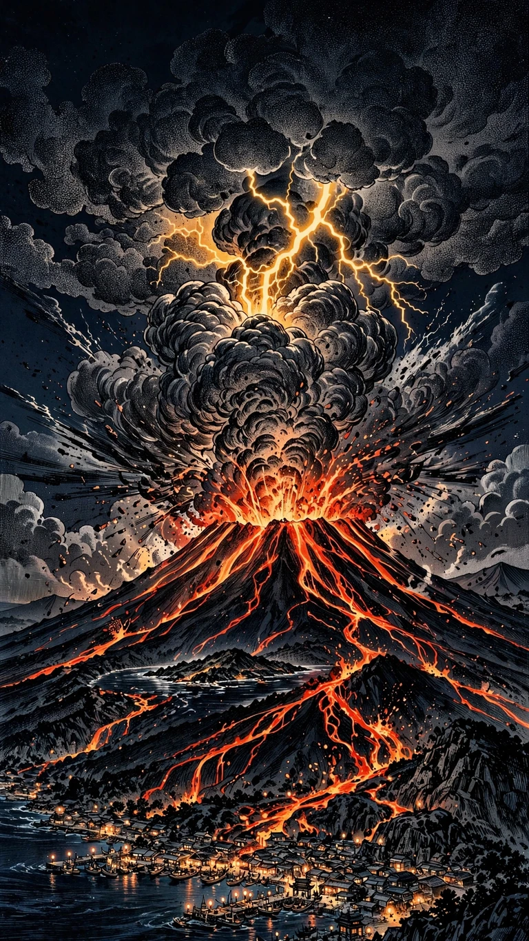 Volcanic eruption over island at night with lightning in ash cloud, dramatic wallpaper