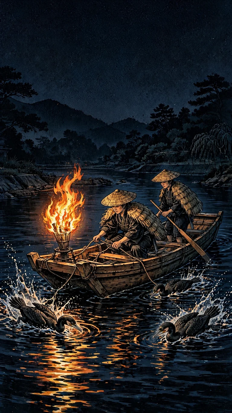 Cormorant fishermen on night river by torch firelight, manga wallpaper