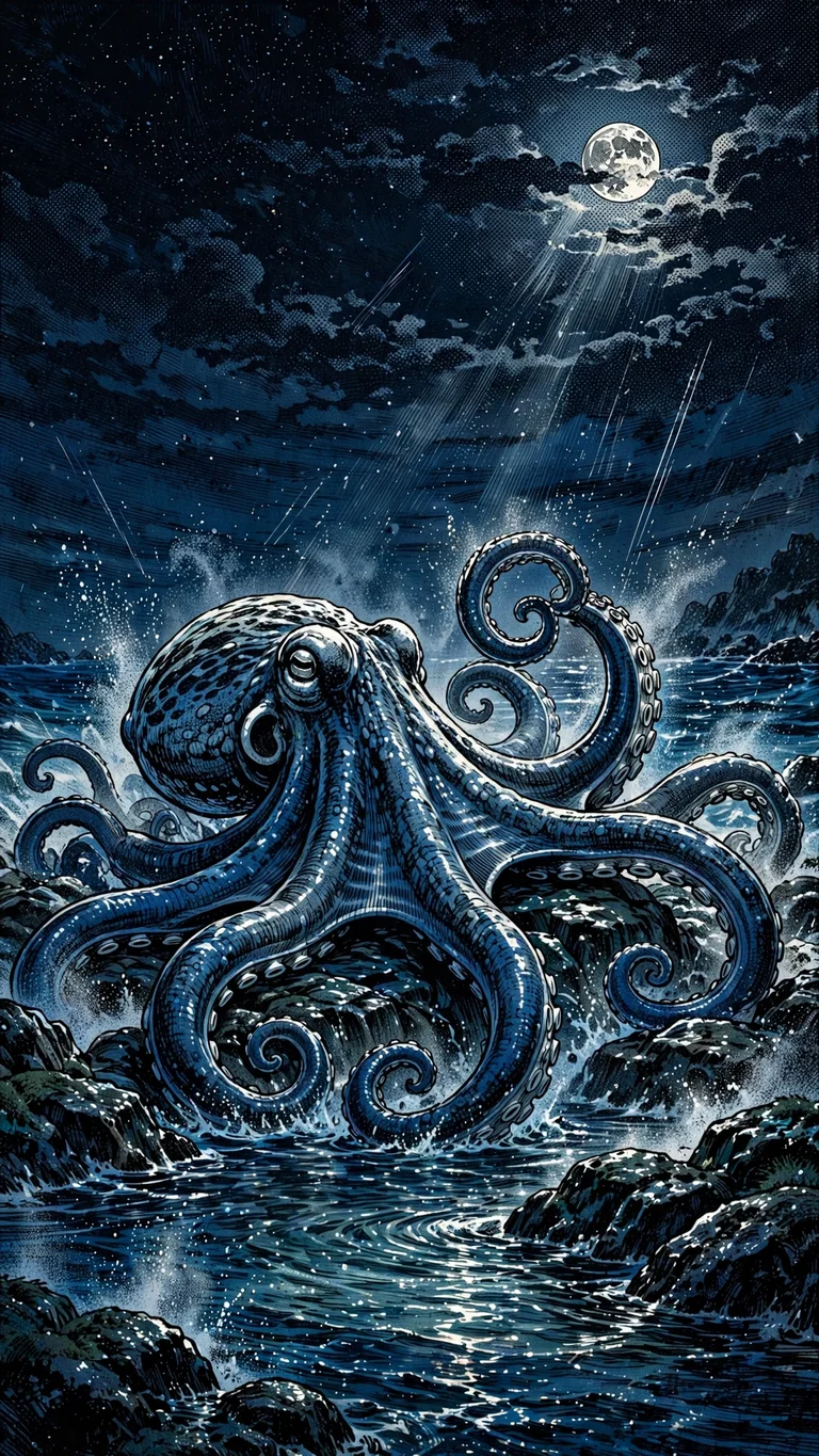 Giant octopus rising from a moonlit rocky tidal pool, manga ink art wallpaper