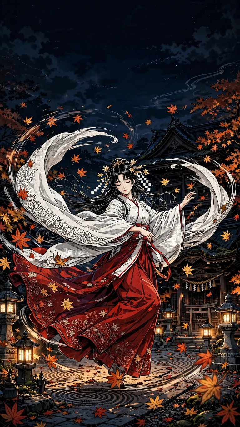 Shrine maiden performing kagura dance among autumn leaves, manga wallpaper