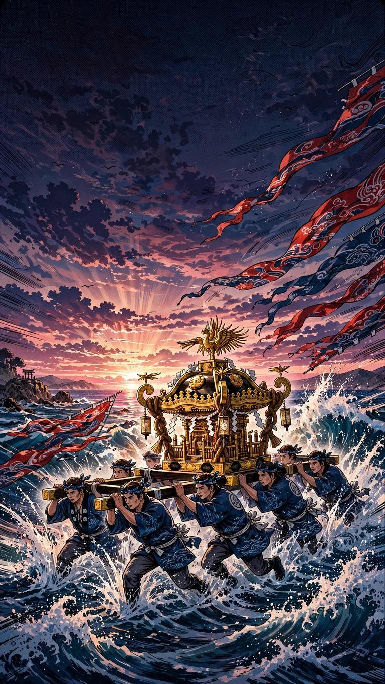 Bearers carrying golden mikoshi shrine through sea surf, manga wallpaper
