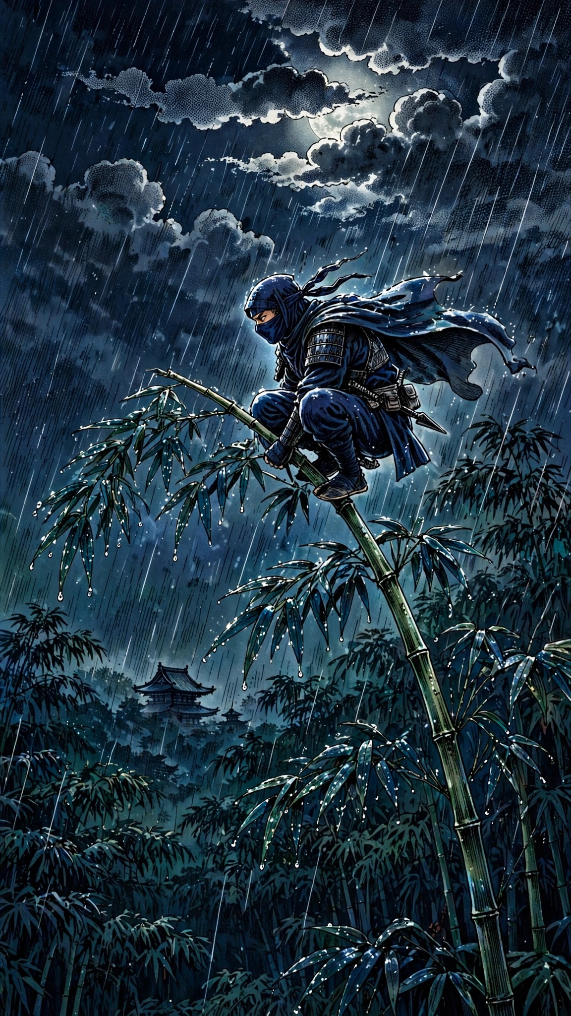Ninja crouched atop bamboo in night rain, manga ink wallpaper