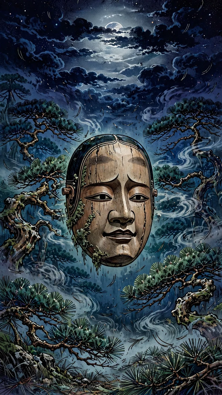 Ancient noh mask floating among misty pine trees, manga wallpaper