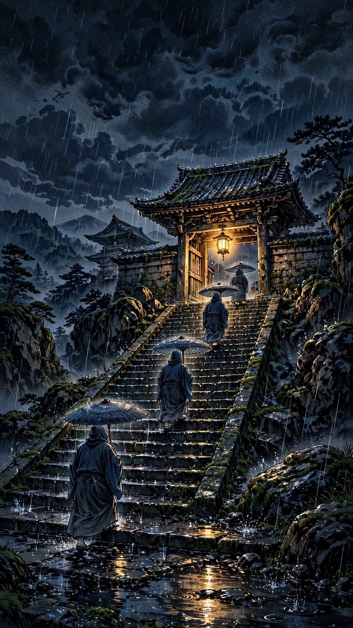 Pilgrims climbing temple steps in heavy rain, manga ink wallpaper