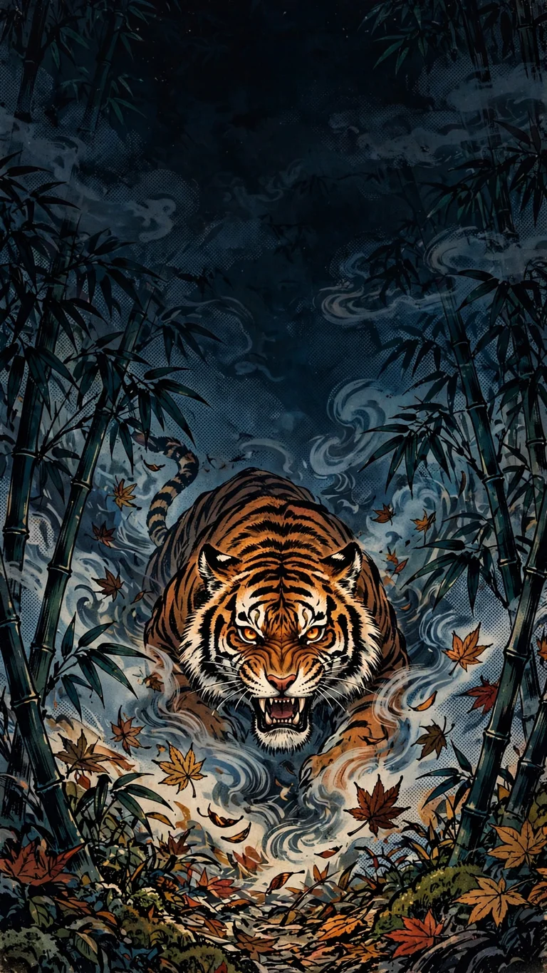 Fierce tiger emerging from misty bamboo grove, manga ink wallpaper