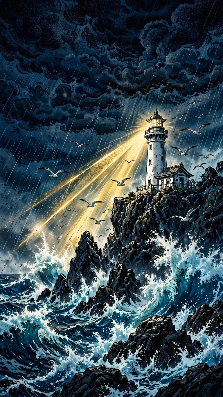 Lighthouse on rocky cliff battered by storm waves at night, manga wallpaper