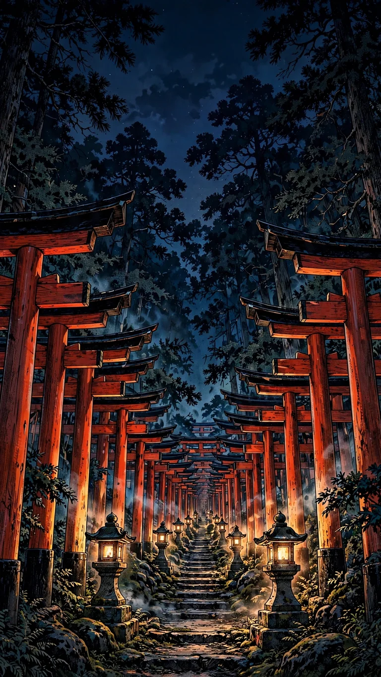 Vermilion torii gate corridor through cedar forest at dusk, manga wallpaper