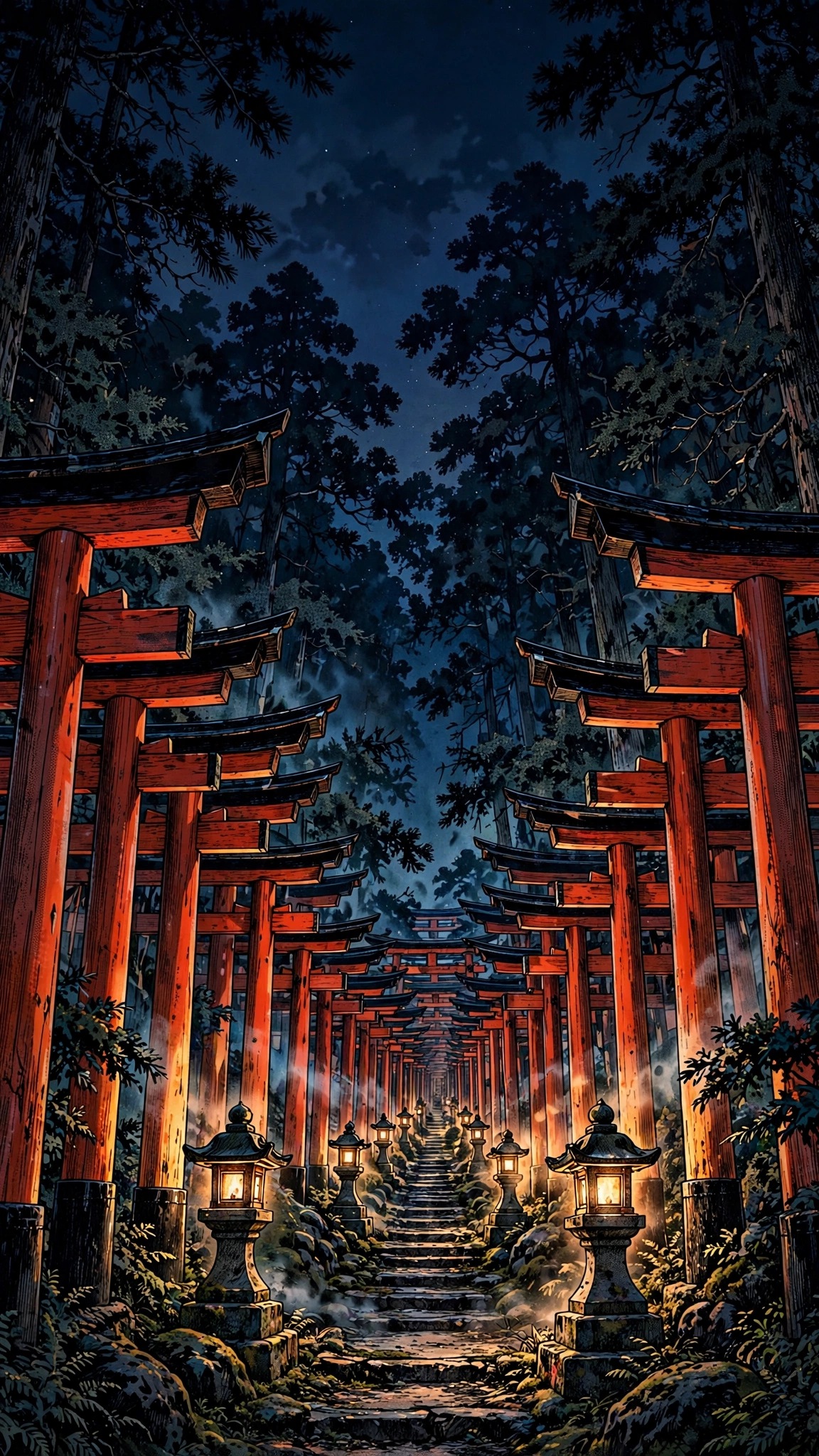 Vermilion torii gate corridor through cedar forest at dusk, manga wallpaper