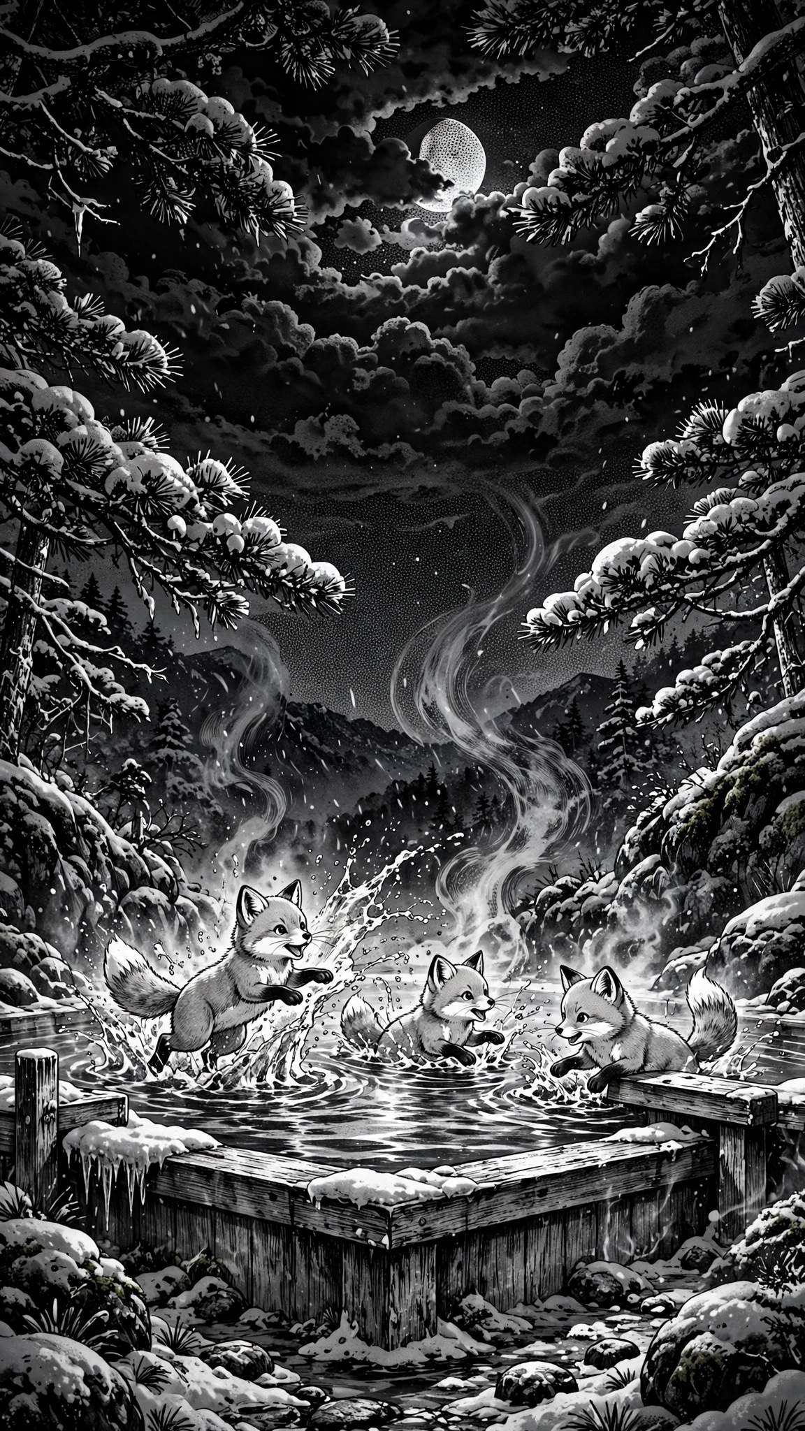 Fox kits playing in steaming mountain onsen at night in snow, black-and-white manga ink wallpaper