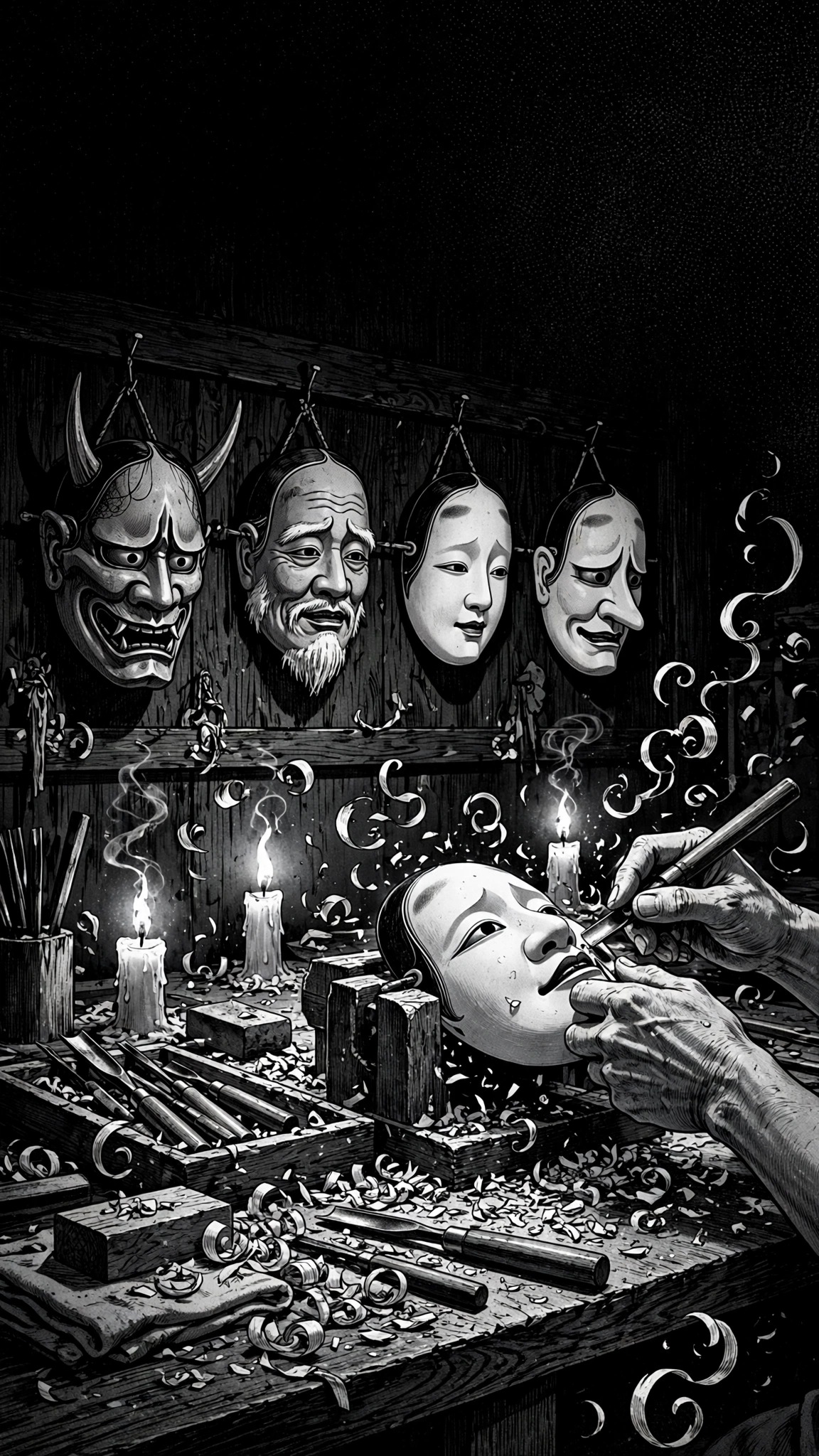 Artisan carving Noh mask in candlelit workshop with hanging masks, black-and-white manga ink wallpaper