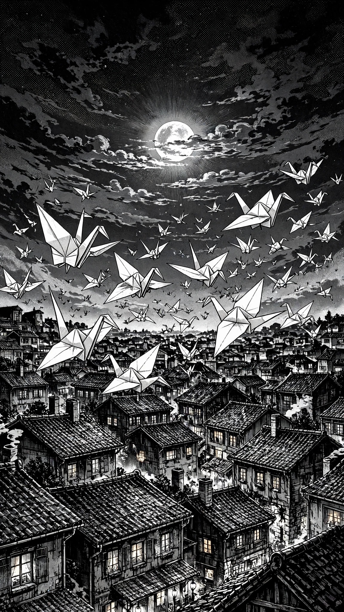 Origami cranes flying over moonlit old-town rooftops, black-and-white manga ink wallpaper