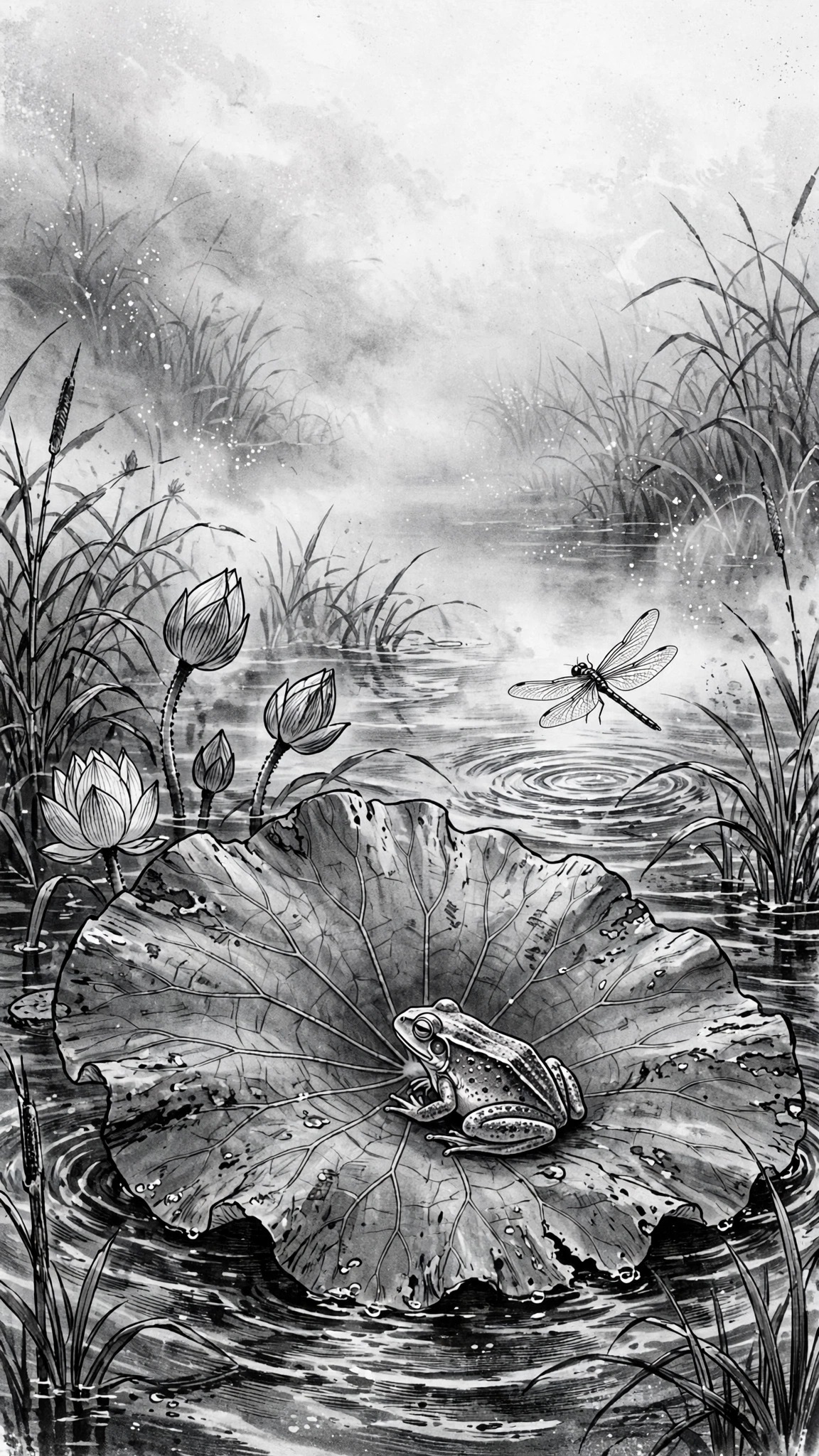 Frog resting on a lotus leaf in a misty pond at dawn with dragonfly, black-and-white ink manga wallpaper