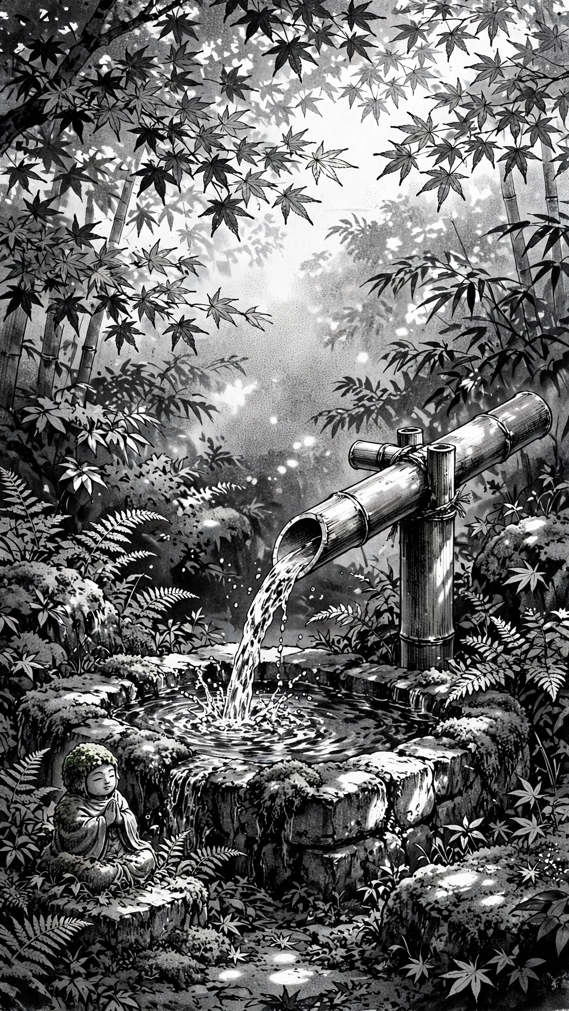 Bamboo shishi-odoshi water fountain in a moss garden with jizo figure, black-and-white ink manga wallpaper