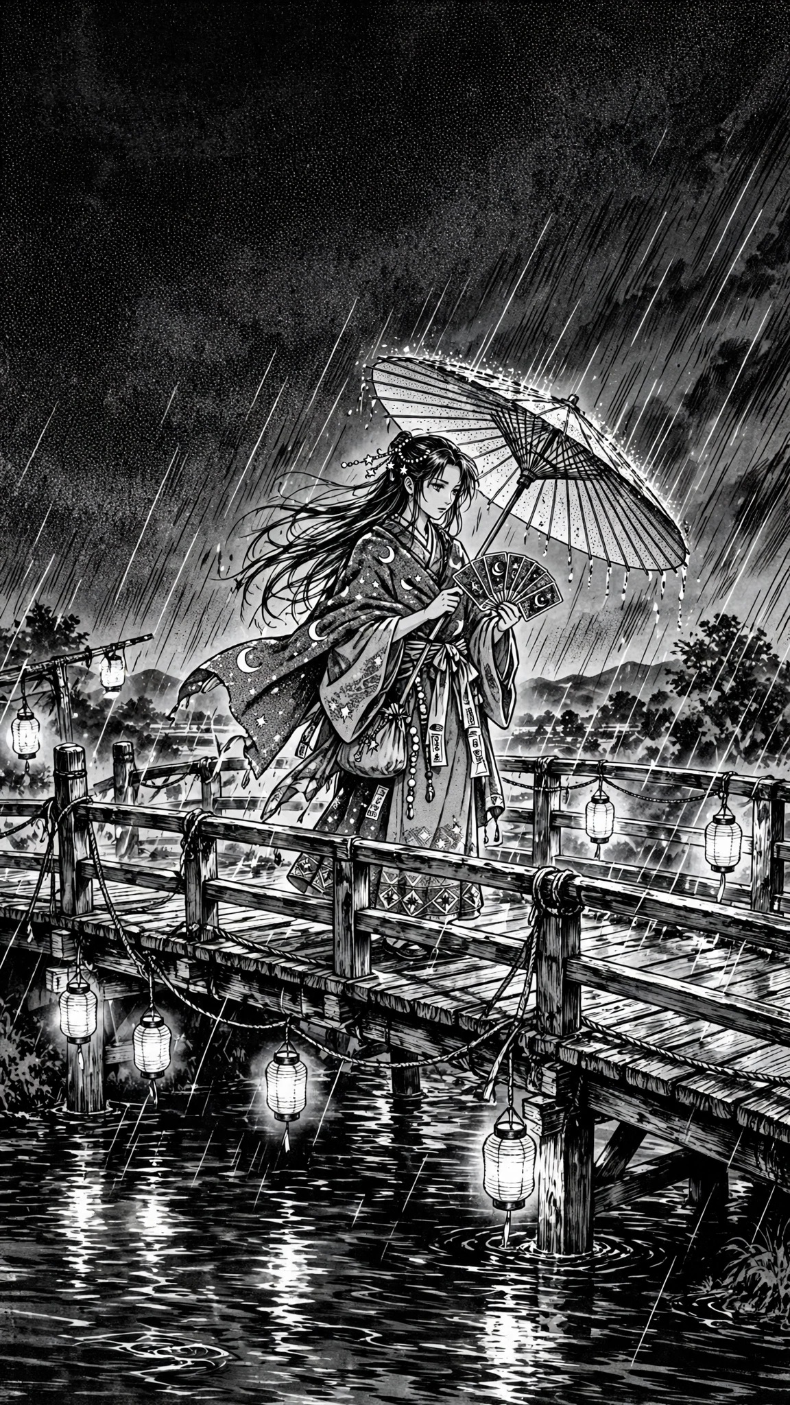 Fortune Teller Rainy Bridge Ink - black and white manga ink phone wallpaper