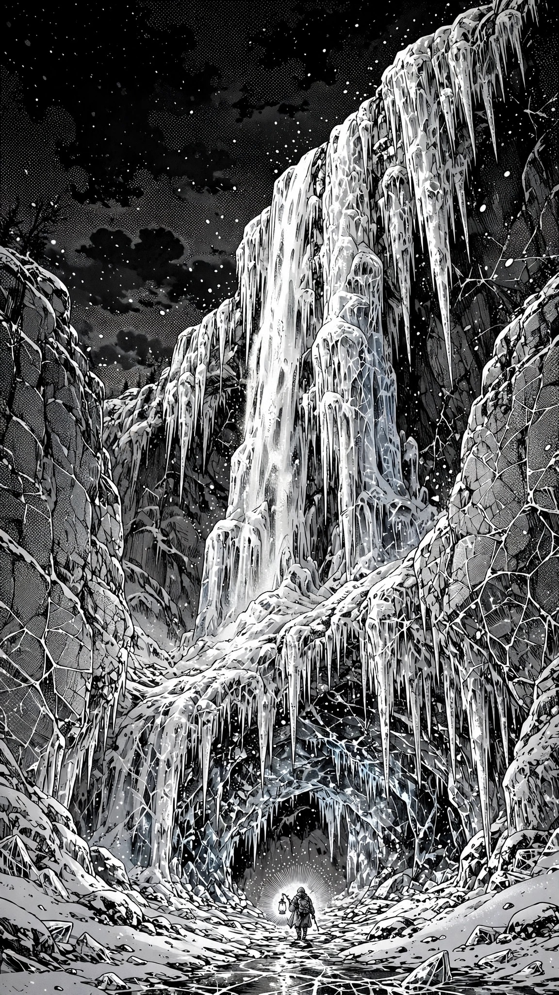 Frozen Falls Ice Cave Ink - black and white manga ink phone wallpaper