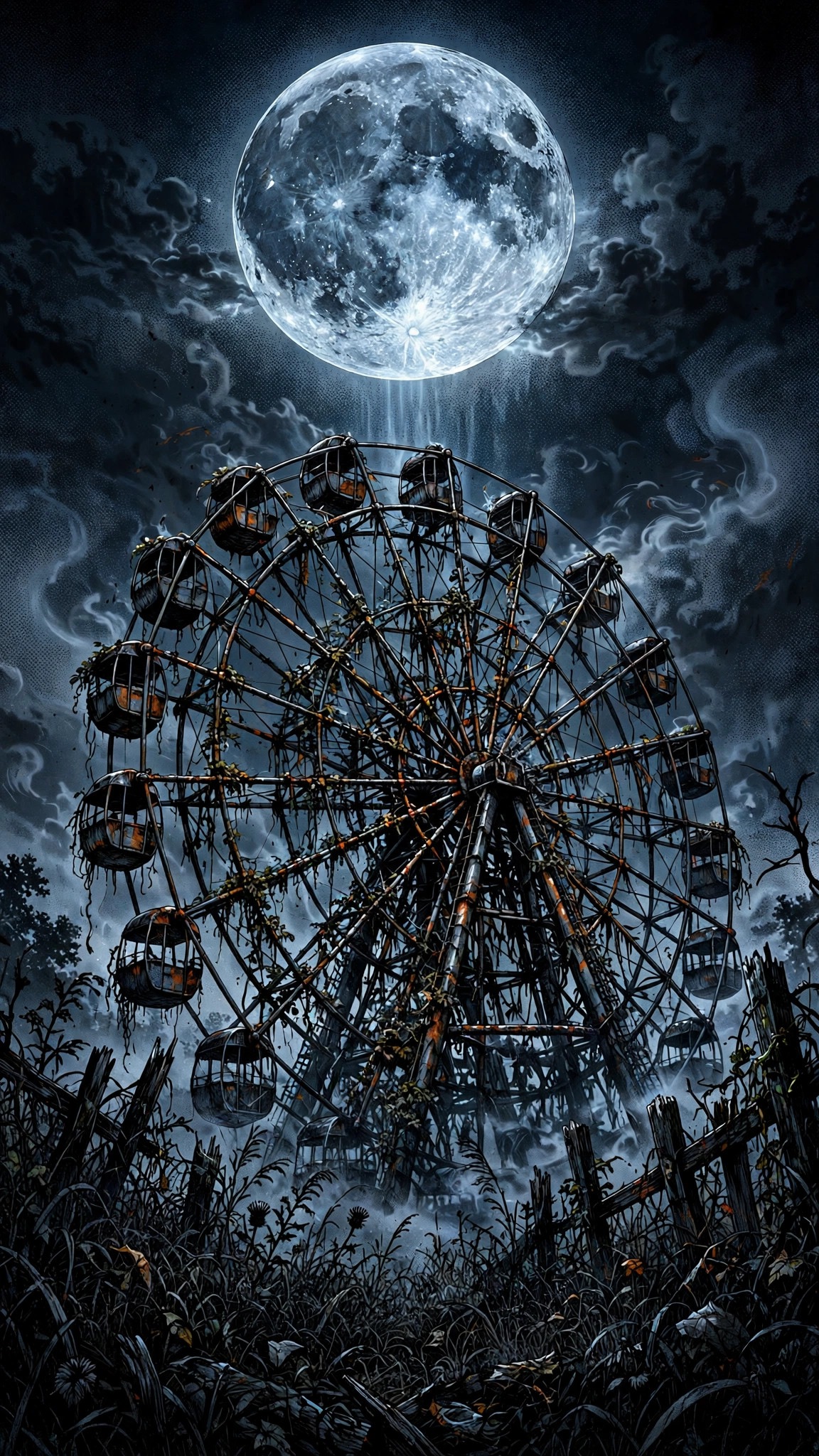 Abandoned Ferris Wheel Under the Full Moon - free manga phone wallpaper download