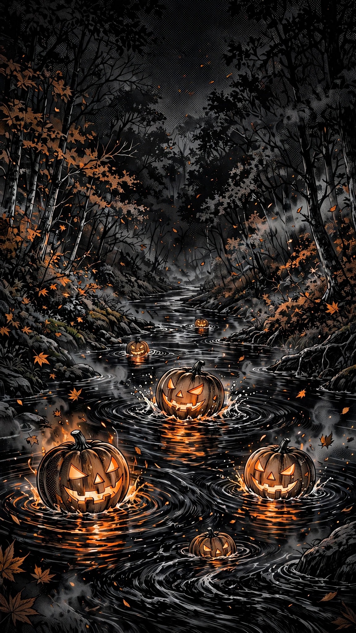Jack-o'-Lantern Pumpkins Floating Down the Night River - free manga phone wallpaper download