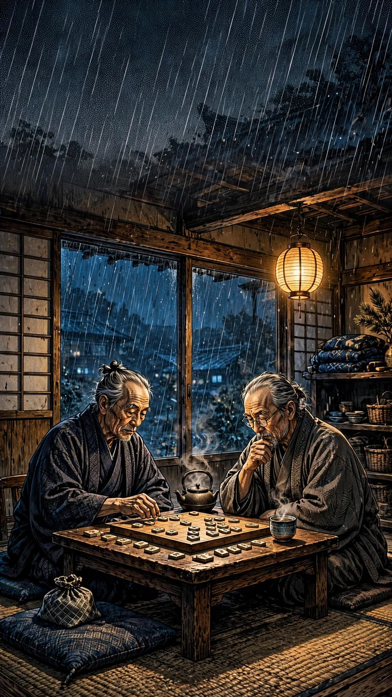 Shogi Players in the Rainy Tea House - free manga phone wallpaper download