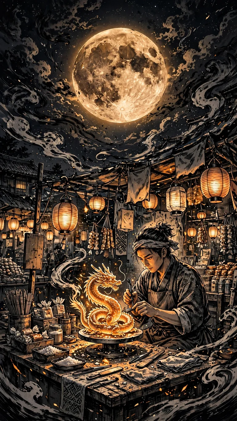 Sugar Dragon Sculptor at the Moonlit Night Market - free manga phone wallpaper download