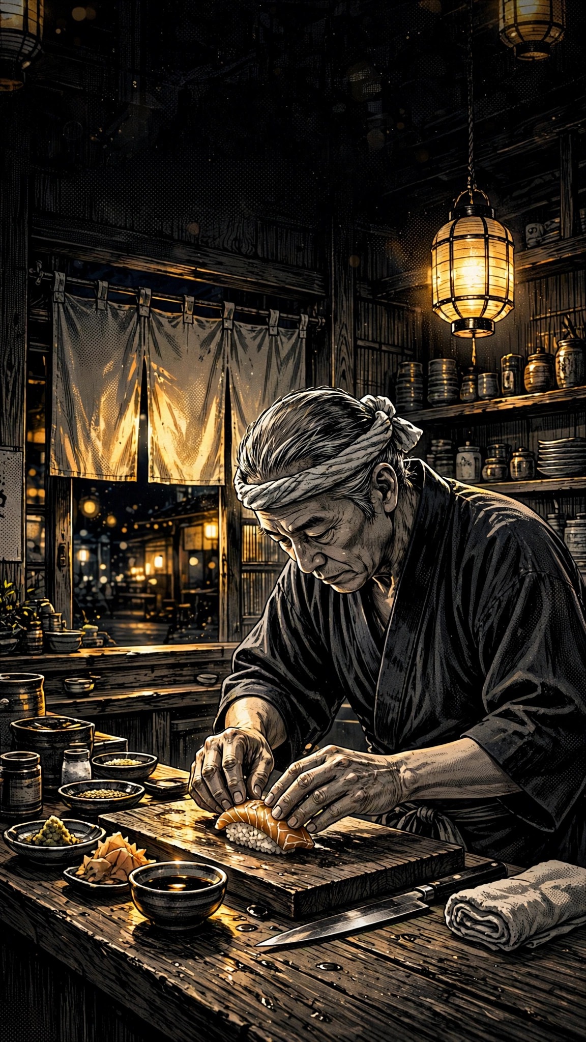 Sushi Master at the Night Counter - free manga phone wallpaper download