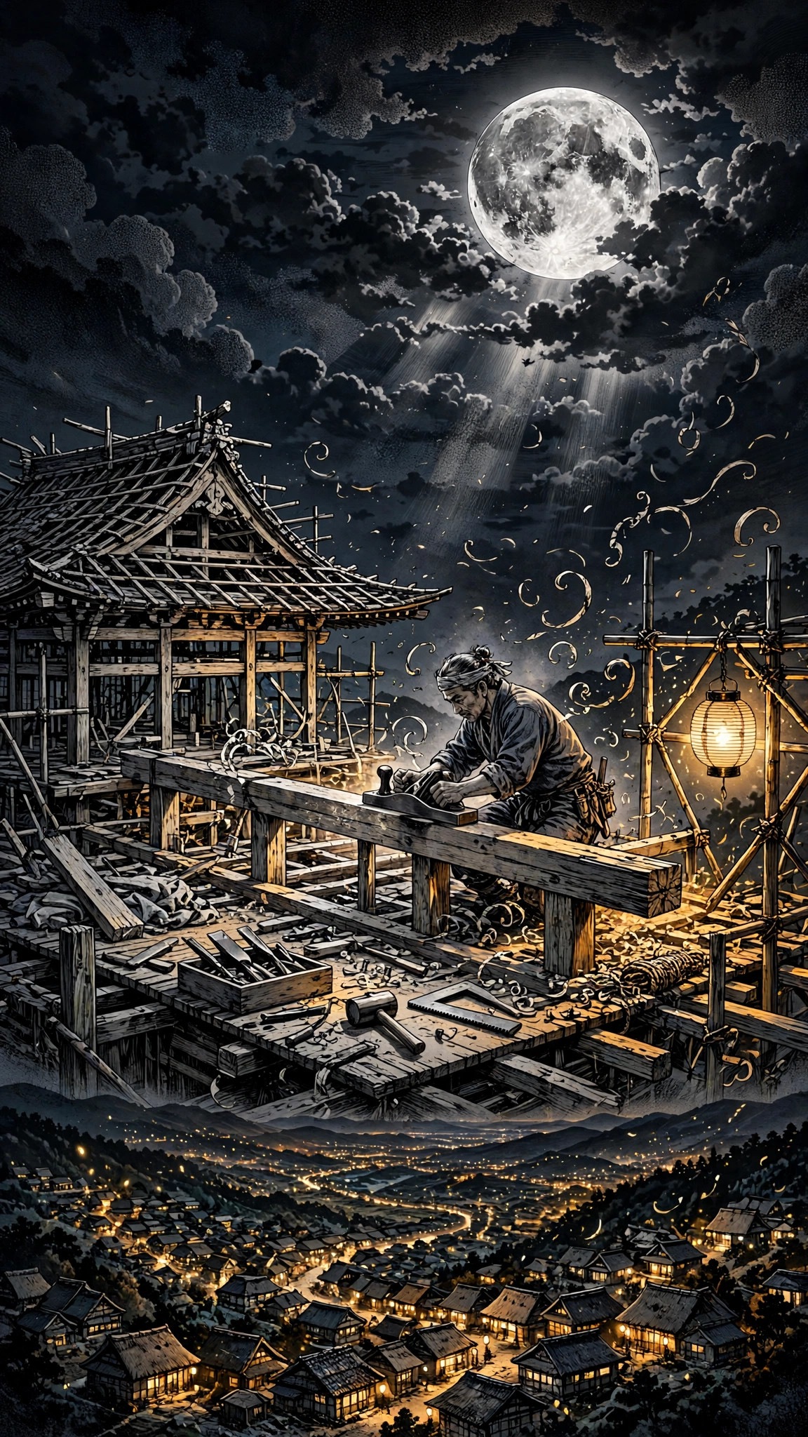 Temple Carpenter on the Moonlit Roof - free manga phone wallpaper download