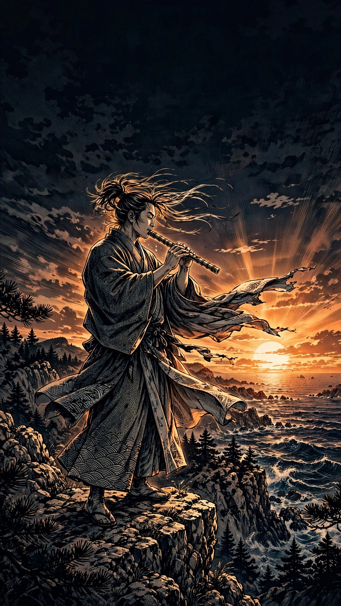 Shakuhachi Flutist on a Cliff at Sunset manga wallpaper