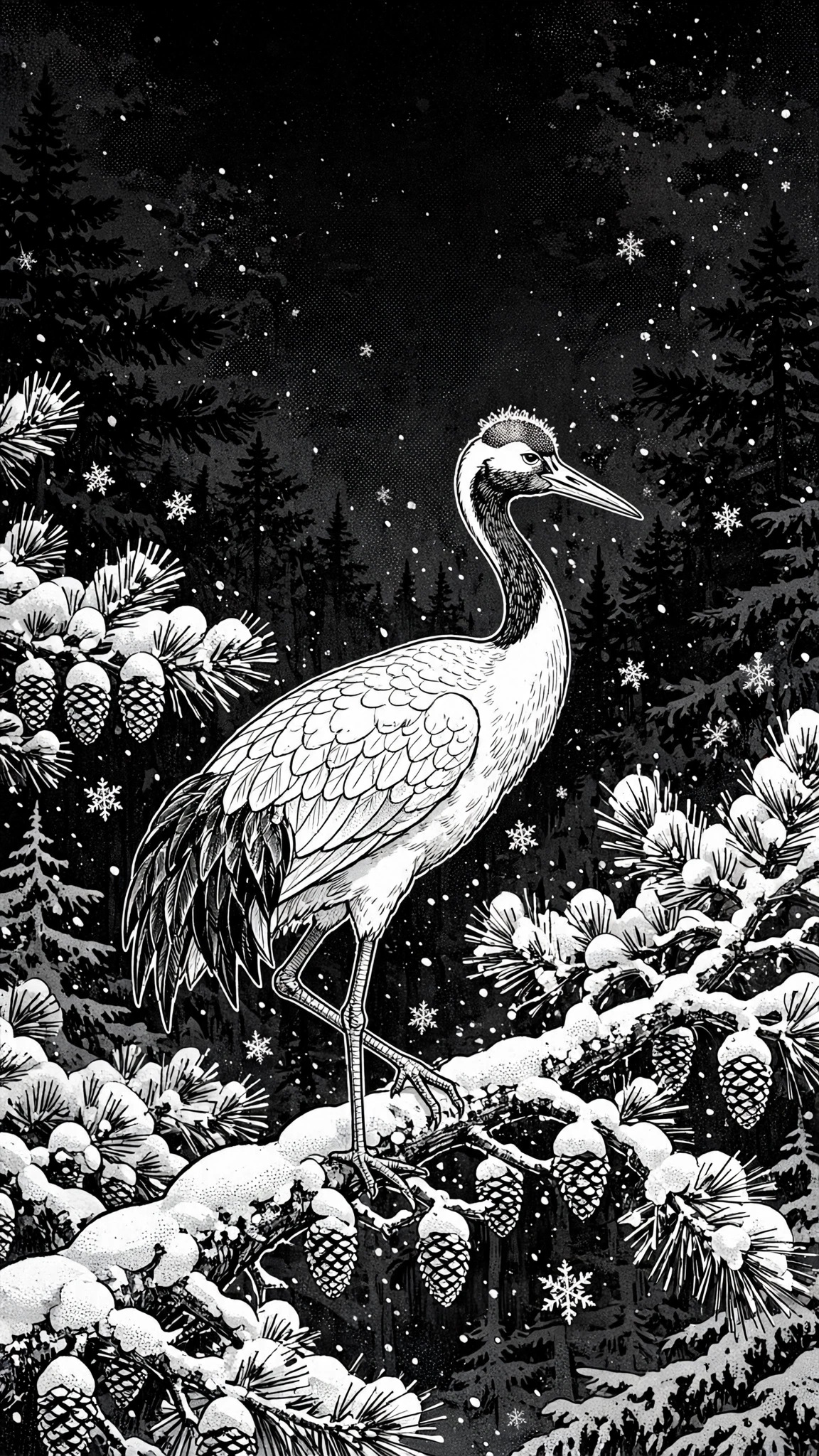 Black and white manga ink art of a crane on a snowy pine branch