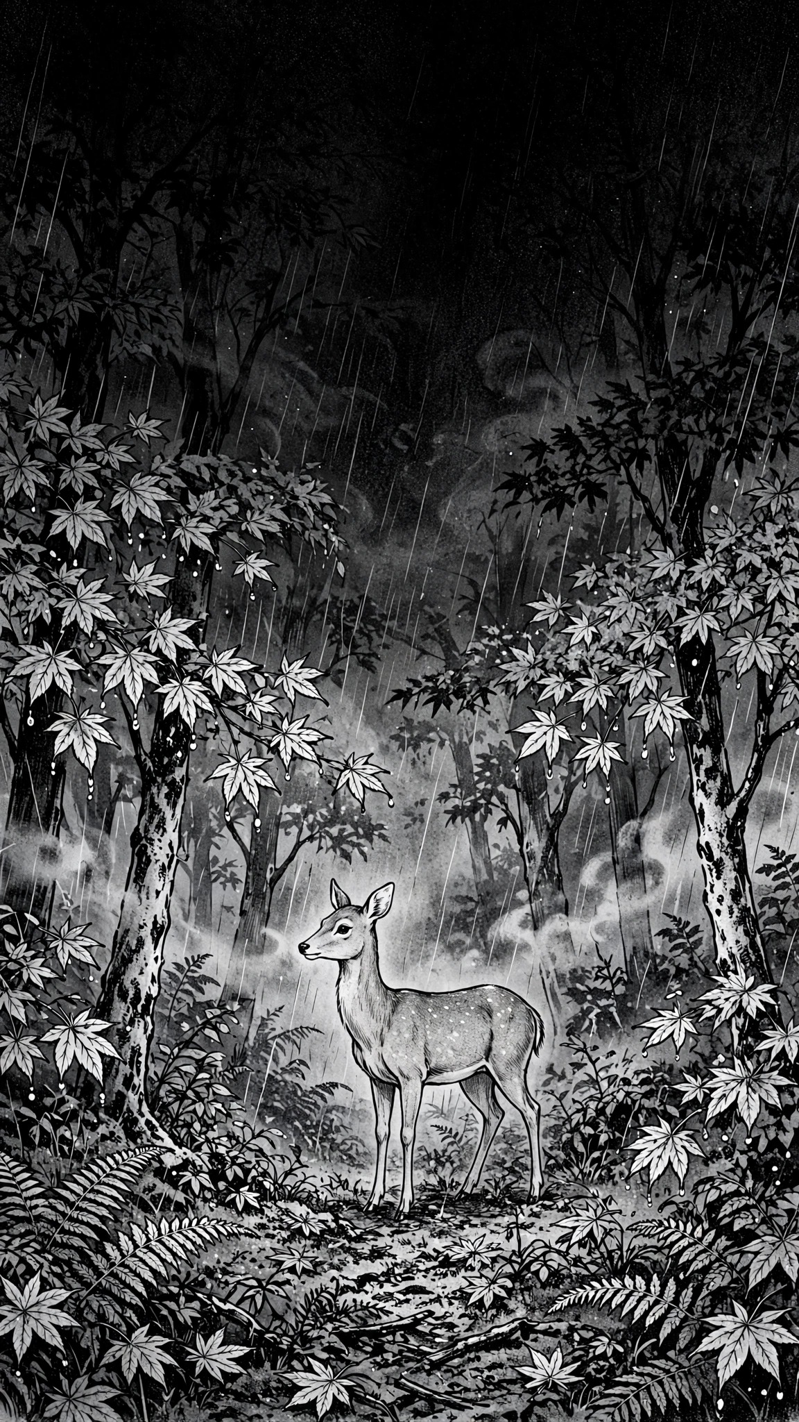 Black and white manga ink art of a deer in a rainy maple forest