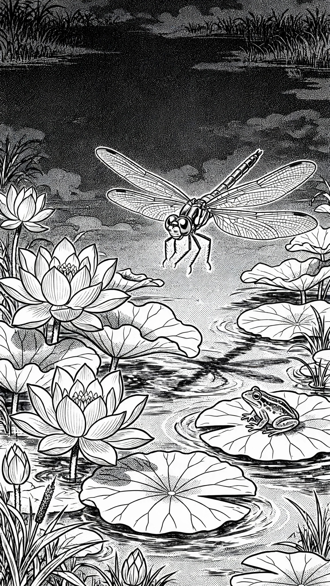 Black and white manga ink art of a dragonfly over a lotus pond